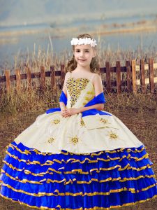 Perfect Royal Blue Ball Gowns Beading and Embroidery and Ruffled Layers Pageant Gowns For Girls Lace Up Organza Sleeveless Floor Length