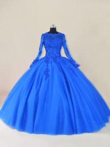 Royal Blue Tulle Zipper Sweet 16 Dresses Long Sleeves Floor Length Lace and Appliques
