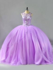 Tulle Scoop Sleeveless Lace Up Beading 15 Quinceanera Dress in Lavender