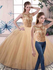 Top Selling Gold Lace Up Scoop Beading Quinceanera Dresses Tulle Sleeveless