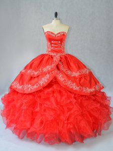 Red Ball Gowns Organza Sweetheart Sleeveless Embroidery and Ruffles Floor Length Side Zipper Sweet 16 Quinceanera Dress