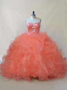 Captivating Organza and Tulle Sweetheart Sleeveless Lace Up Beading and Ruffles Sweet 16 Dress in Orange