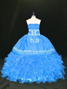 Dynamic Blue Sleeveless Floor Length Embroidery and Ruffles Lace Up Sweet 16 Dress