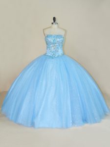 Simple Strapless Sleeveless Tulle 15th Birthday Dress Beading Lace Up