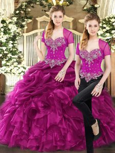 Fuchsia Lace Up 15th Birthday Dress Beading and Ruffles and Pick Ups Sleeveless Floor Length