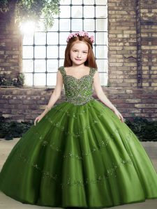 Custom Made Sleeveless Tulle Floor Length Lace Up Pageant Dresses in Green with Beading