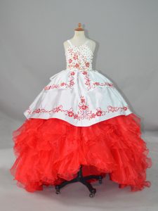 White And Red Little Girls Pageant Dress Wholesale Straps Sleeveless Sweep Train Lace Up