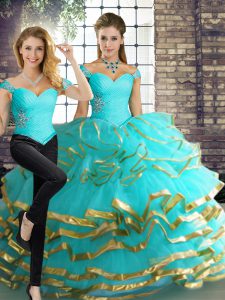 Ideal Aqua Blue Tulle Lace Up Off The Shoulder Sleeveless Floor Length 15th Birthday Dress Beading and Ruffled Layers