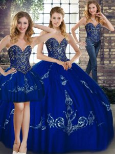 Modest Sweetheart Sleeveless Lace Up Quinceanera Gown Royal Blue Tulle