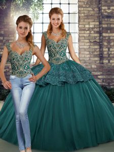 Comfortable Green Lace Up Straps Beading and Appliques Quince Ball Gowns Tulle Sleeveless