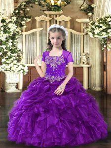 Floor Length Purple Evening Gowns Straps Sleeveless Lace Up