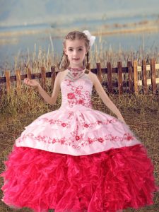 Edgy Halter Top Sleeveless Lace Up Girls Pageant Dresses Coral Red Organza