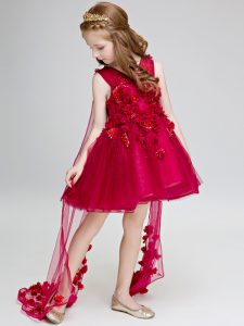 Traditional Wine Red V-neck Neckline Hand Made Flower Little Girls Pageant Dress Sleeveless Lace Up