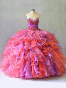 Multi-color Ball Gowns Beading and Ruffles Quinceanera Gown Lace Up Organza Sleeveless Floor Length