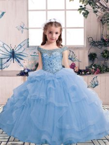 High Class Floor Length Ball Gowns Sleeveless Light Blue Little Girl Pageant Dress Lace Up
