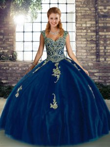 Elegant Ball Gowns Sweet 16 Dresses Royal Blue Straps Tulle Sleeveless Floor Length Lace Up