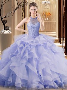 Beauteous Lavender Quinceanera Dress Halter Top Sleeveless Brush Train Lace Up
