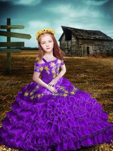 Flare Purple Off The Shoulder Lace Up Embroidery and Ruffled Layers Little Girls Pageant Gowns Short Sleeves
