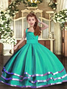 Custom Designed Turquoise Organza Lace Up Pageant Dress Womens Sleeveless Floor Length Ruffled Layers