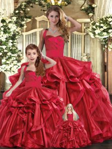 Custom Designed Red Sleeveless Organza Lace Up Ball Gown Prom Dress for Sweet 16 and Quinceanera