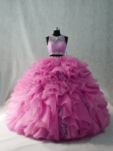 Sweet Organza Scoop Brush Train Beading and Ruffles Sweet 16 Dress in Pink