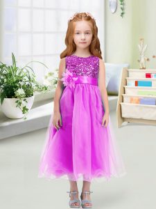 Glamorous Lilac Organza Zipper Scoop Sleeveless Tea Length Winning Pageant Gowns Sequins and Hand Made Flower