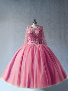 Fitting Floor Length Ball Gowns Long Sleeves Pink Quinceanera Dresses Lace Up