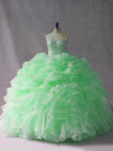 Strapless Sleeveless Quinceanera Gowns Brush Train Beading and Ruffles Apple Green Organza