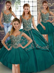 Teal Straps Lace Up Beading and Embroidery Sweet 16 Dress Sleeveless