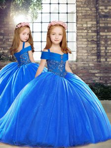 Top Selling Royal Blue Little Girl Pageant Gowns Party and Wedding Party with Beading Straps Sleeveless Brush Train Lace Up