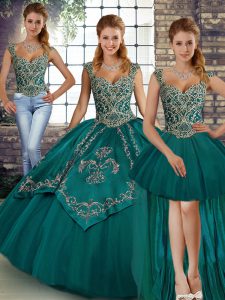 Fitting Sleeveless Floor Length Beading and Embroidery Lace Up Quince Ball Gowns with Teal