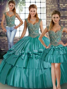 Gorgeous Teal Three Pieces Taffeta Straps Sleeveless Beading and Ruffled Layers Floor Length Lace Up Sweet 16 Dresses