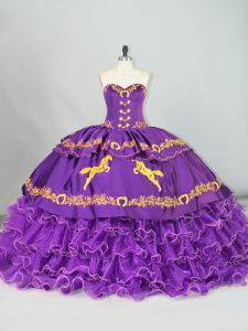 Ideal Purple Ball Gowns Sweetheart Sleeveless Satin and Organza Brush Train Lace Up Embroidery and Ruffled Layers 15 Quinceanera Dress
