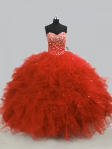 Rust Red Sweet 16 Dresses Sweet 16 and Quinceanera with Beading and Ruffles Sweetheart Sleeveless Lace Up