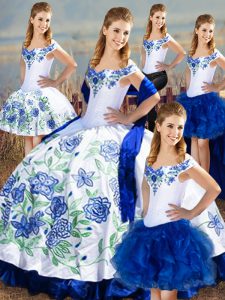 Ball Gowns 15 Quinceanera Dress Blue And White Off The Shoulder Satin and Organza Sleeveless Floor Length Lace Up
