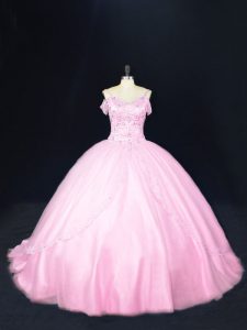 Baby Pink Ball Gowns Tulle Off The Shoulder Sleeveless Beading Lace Up 15th Birthday Dress Court Train