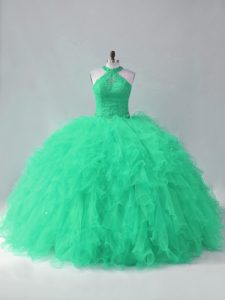 Romantic Turquoise Quinceanera Gowns Sweet 16 and Quinceanera with Beading and Ruffles Halter Top Sleeveless Lace Up