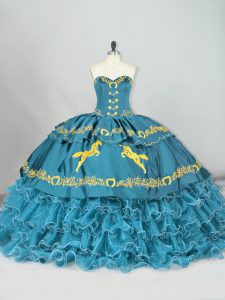 Sumptuous Teal Sweet 16 Dresses Sweet 16 and Quinceanera with Embroidery and Ruffled Layers Sweetheart Sleeveless Brush Train Lace Up