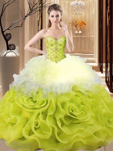 On Sale Sleeveless Lace Up Floor Length Beading and Ruffles Quinceanera Dress