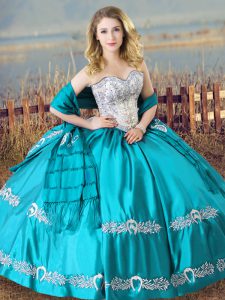 Aqua Blue Sweetheart Lace Up Beading and Embroidery Ball Gown Prom Dress Sleeveless