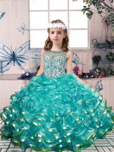 Teal Organza Lace Up Scoop Sleeveless Floor Length Pageant Dresses Beading and Ruffles