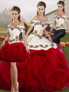 Floor Length Lace Up Quinceanera Gowns White And Red for Military Ball and Sweet 16 and Quinceanera with Embroidery and Ruffles