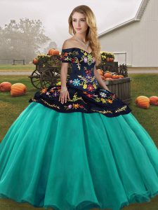 Embroidery Quince Ball Gowns Turquoise Lace Up Sleeveless Floor Length