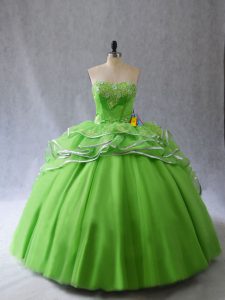 Pretty Sleeveless Tulle Brush Train Lace Up Quince Ball Gowns in with Appliques and Ruffles