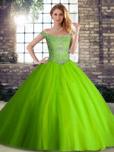 Nice Tulle Lace Up Off The Shoulder Sleeveless Ball Gown Prom Dress Brush Train Beading
