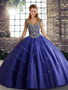 Tulle Straps Sleeveless Lace Up Beading and Appliques Vestidos de Quinceanera in Purple