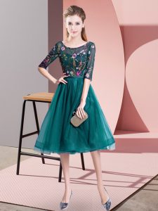 Empire Dama Dress Teal Scoop Tulle Half Sleeves Knee Length Lace Up