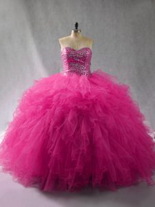 Fuchsia Quinceanera Gowns Sweet 16 and Quinceanera with Beading and Ruffles Halter Top Sleeveless Lace Up
