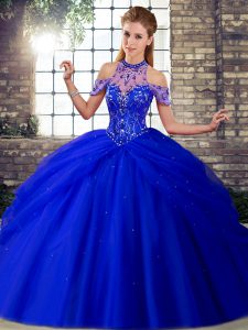 Royal Blue Tulle Lace Up Halter Top Sleeveless Vestidos de Quinceanera Brush Train Beading and Pick Ups