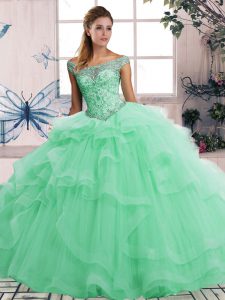 Flare Apple Green Ball Gowns Beading and Ruffles Quince Ball Gowns Lace Up Tulle Sleeveless Floor Length